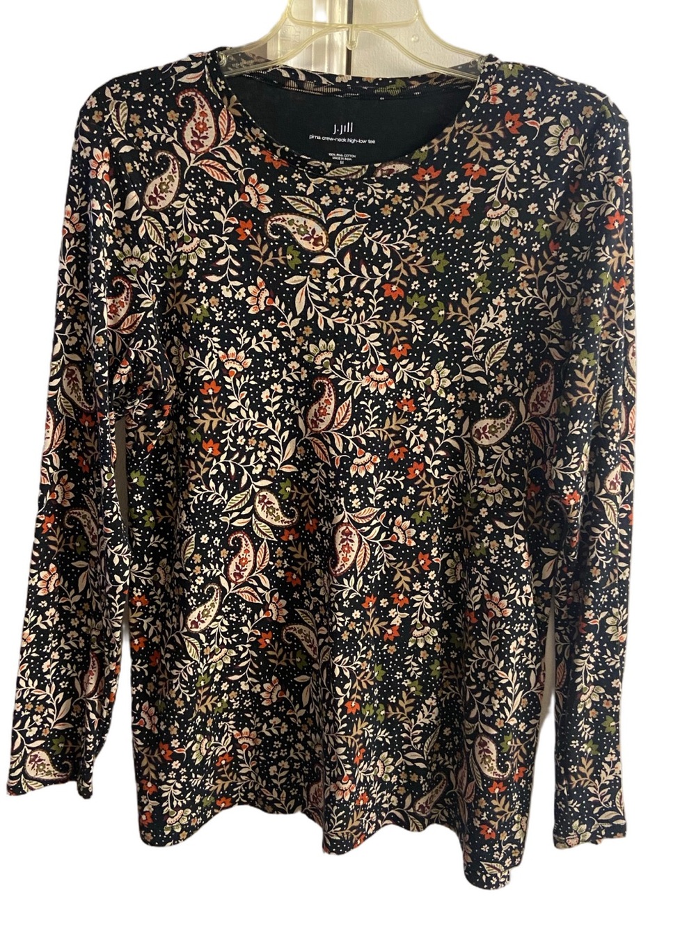 J.Jill Women's Pima Cotton Paisley Floral Long Sleeve High-Low Top Medium